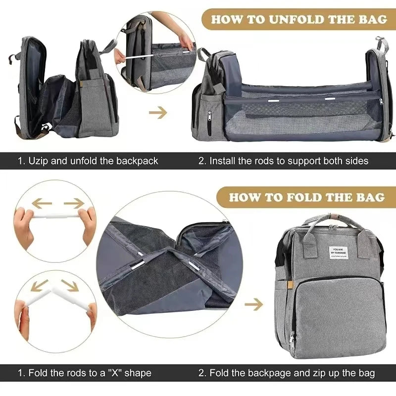 Multifunctional Diaper Bag with Changing Station and Foldable Bed