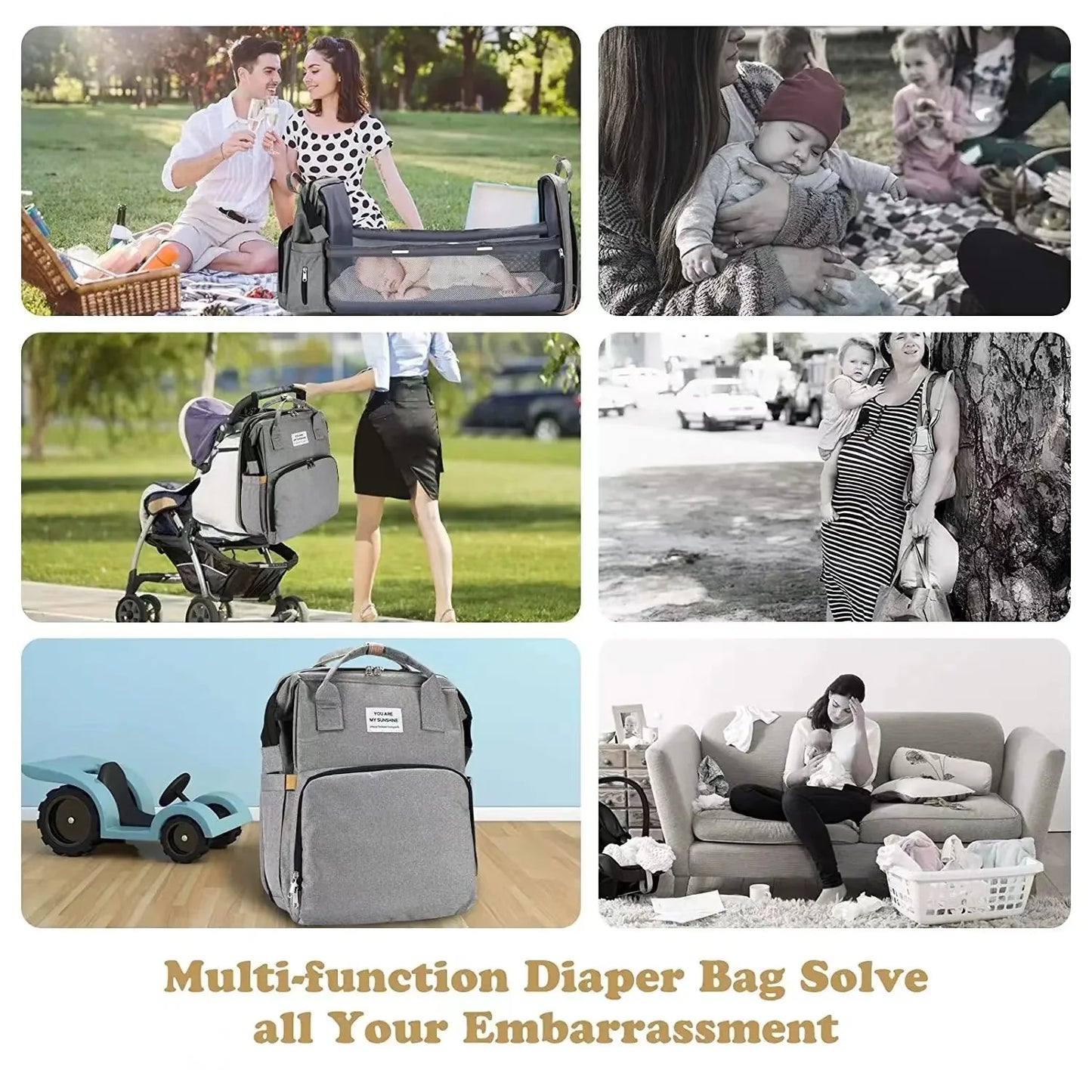 Multifunctional Diaper Bag with Changing Station and Foldable Bed